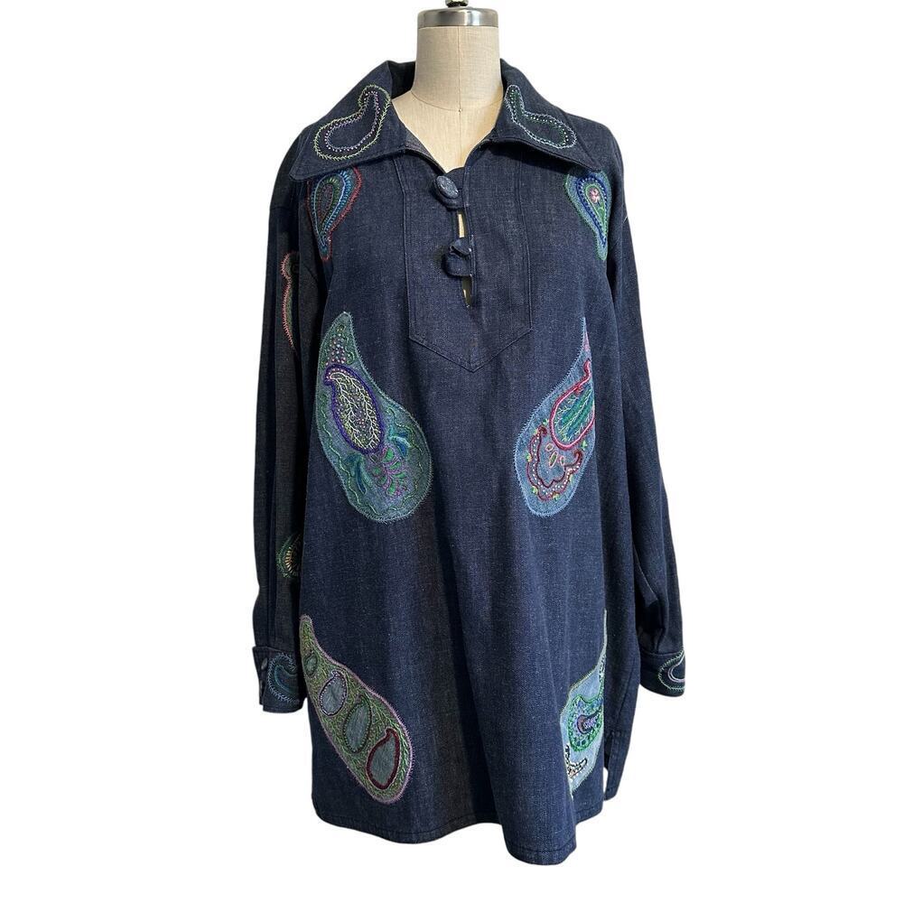 Vintage 70s Denim Paisley Hand Stitched Tunic ML